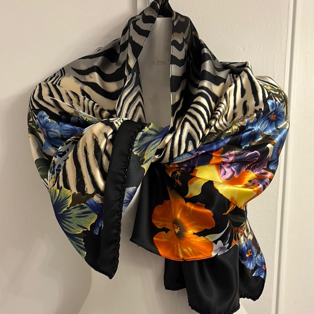 Black and Orange Elegant Scarf Vibrant Floral Design
